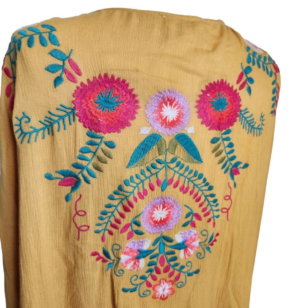 Umgee Mustard Yellow Floral Embroidered Kimnono Cardigan Sz S/M Boho Cottage - Picture 6 of 15